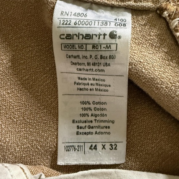 Carhartt Bib Overalls Mens 44x32 Beige Duck Canvas Carpenter Workwear R01-M - Picture 5 of 13